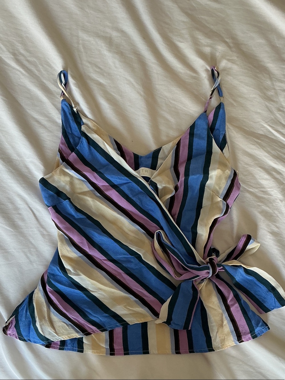 Striped Babydoll Tie-Waist Top in Blue, Purple & Cream